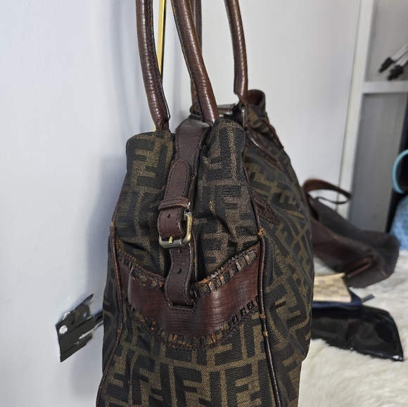FENDI Zucca Etnico Handbag Tote Bag Nylon Canvas Leather Khaki Dark Brown - Picture 10 of 16